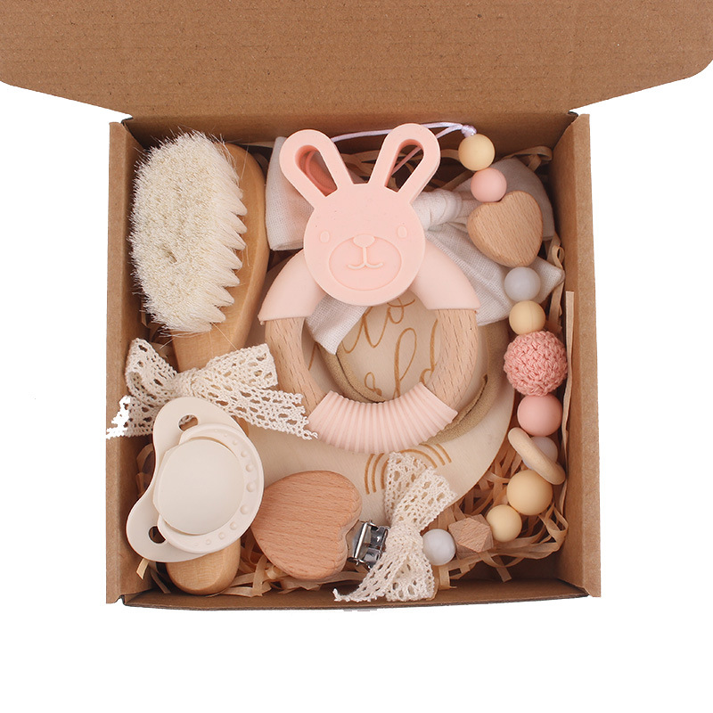 Caja de regalo para recién nacidos transfronteriza, chupete de mordedor de conejo, cadena de chupete de lazo hecha a mano, calma al bebé