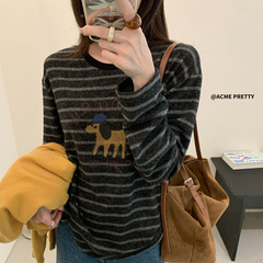 2025秋季新款韩版时尚百搭圆领卡通条纹长袖宽松T恤女磨毛上衣潮