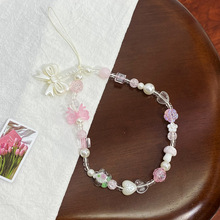 新款手绳厂家直销高级感水晶手机链挂件新款串珠链条挂链腕带粉水