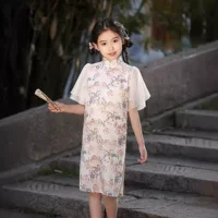 Детские Cheongsam для девочек лето 2024 новый тонкий стиль маленькая девочка ретро свежий элегантный стиль платье летом