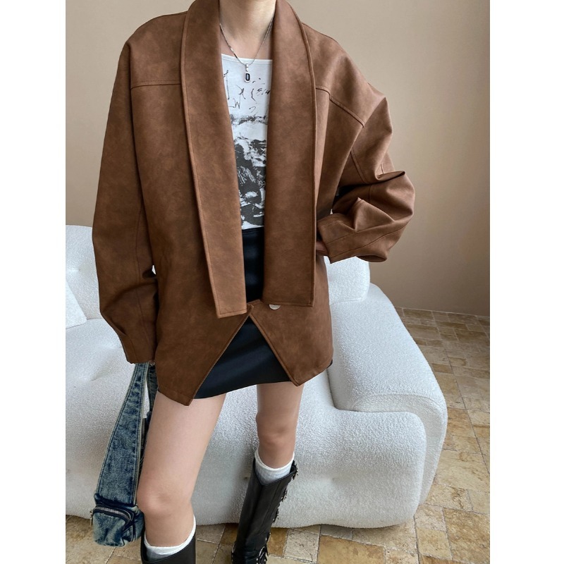 司南 早秋新款 小众解构设计感宽门襟一粒扣廓形皮衣外套 SN7808|undefined