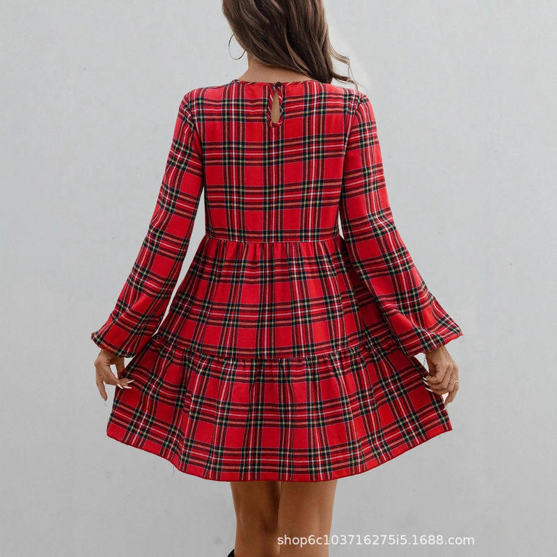 European and American Cross-Border 2026 Spring Round Neck A-Line Plaid Print Casual and Formal Women's Mini Dress