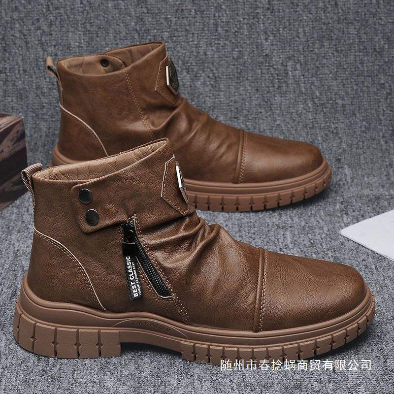 Boots Autum New Retro High-Top British Style Work Boots Side Zipper Outdoor Casual Versatile Leather Men's Shoes