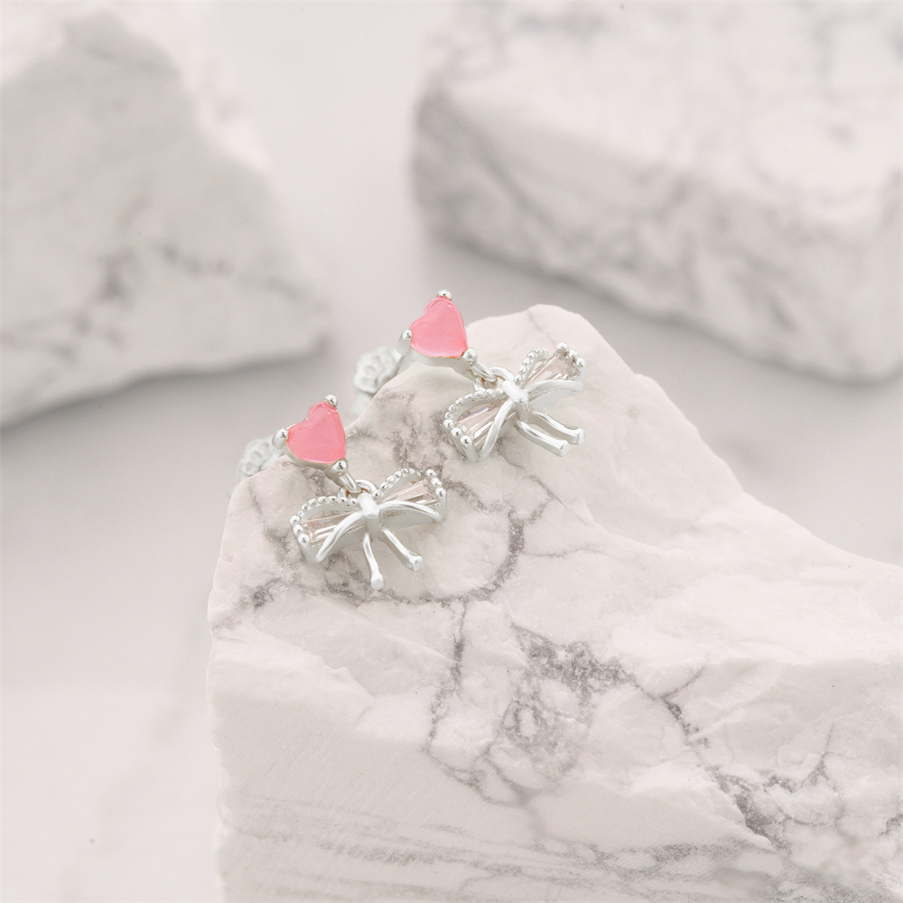 1 Pair Simple Style Heart Shape Bow Knot Plating Sterling Silver Zircon Ear Studs display picture 13