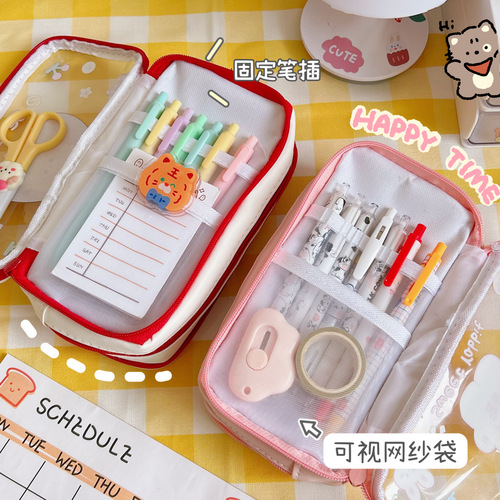 Three-layer transparent pencil bag with large capacity and cute cartoon pencil bag for junior high school students, elementary school birthday style stationery bag and pencil box