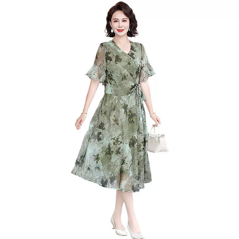 Мама летнее платье модный темперамент 2025 новый средний и пожилой леди летнее шифоновое платье
