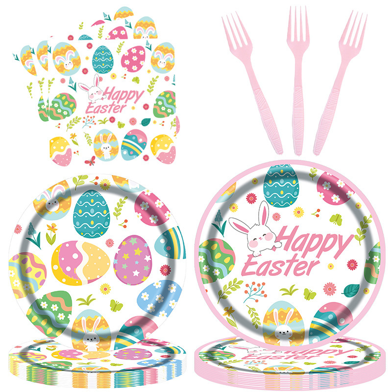 Easter New Egg Theme Party Tableware 96pcs suit Tableware Tissue Paper Cup Paper Tray Fork Factory