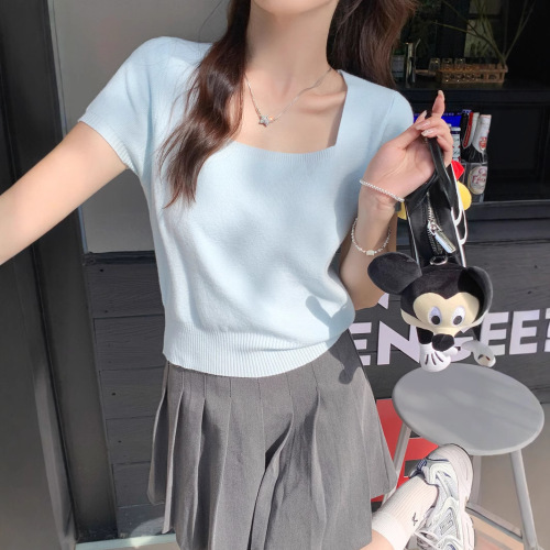 New summer thin short sleeve knit shirt women's short square neck T-shirt thin base shirt
