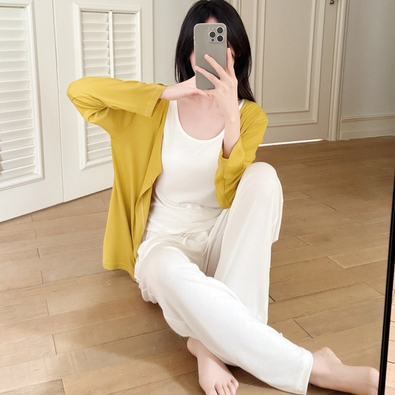 韩系背心开衫长裤带Bra三件套春秋新款莫代尔简约休闲家居服套装|undefined