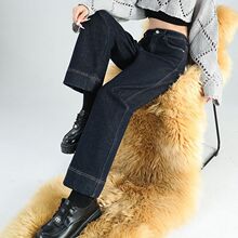 小单快反精品加绒牛仔裤女士秋冬新款加厚保暖九分裤弹力直筒深色