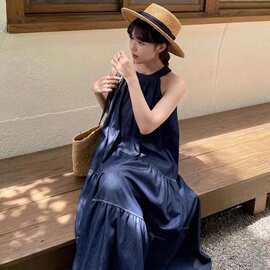 夏超仙垂感宽松连衣裙气质挂脖无袖长裙多层拼接气质百搭A字裙子