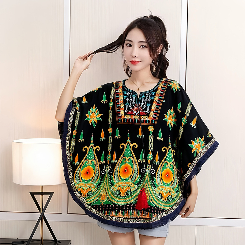 Thai Ethnic Style Top Embroidered Collar Artistic Retro Short-Sleeved Blouse Cotton Silk Yunnan Vacation Travel Sunscreen Shirt