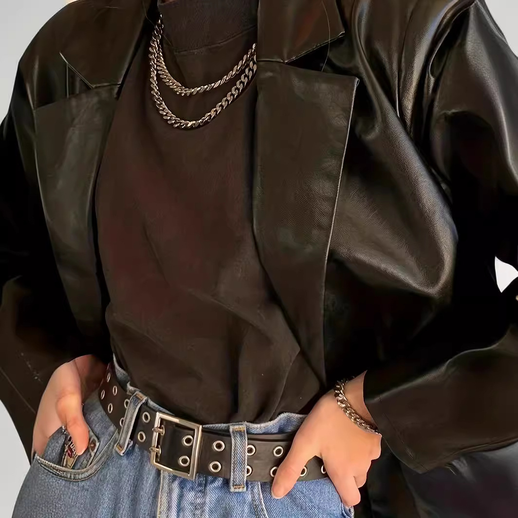 Primavera y otoño nueva moda moda damas manga larga suelta elegante chaqueta de traje PU mujer