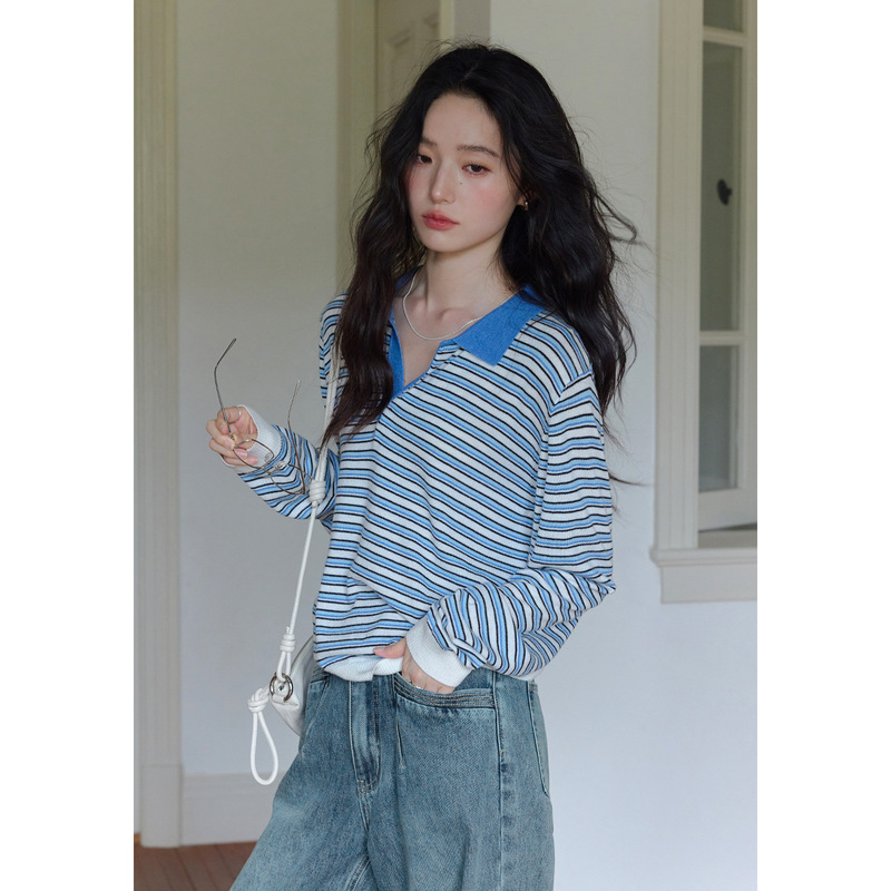1313撞色polo翻领蓝白条套头羊毛针织衫2025女秋层次感宽松薄毛衣|undefined