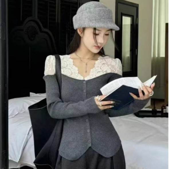 French High-end Lace Stitching Long-sleeved Soft Waxy Sheep Knitted Sweater Women's Autumn and Winter Wear Super-looking Slim-fit Top