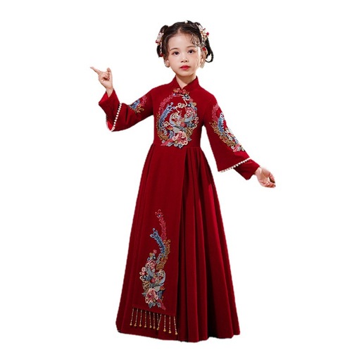 Children hanfu red fairy princess dress Chinese style qipao guzheng performance costume dress girl  model show embroidery hanfu Ru wine red skirt