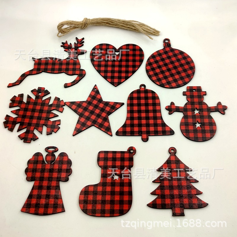 33 rojo y negro Plaid SERIE DE Navidad madera chips colgantes decorativos de Navidad se pueden combinar libremente con 10 piezas en un paquete