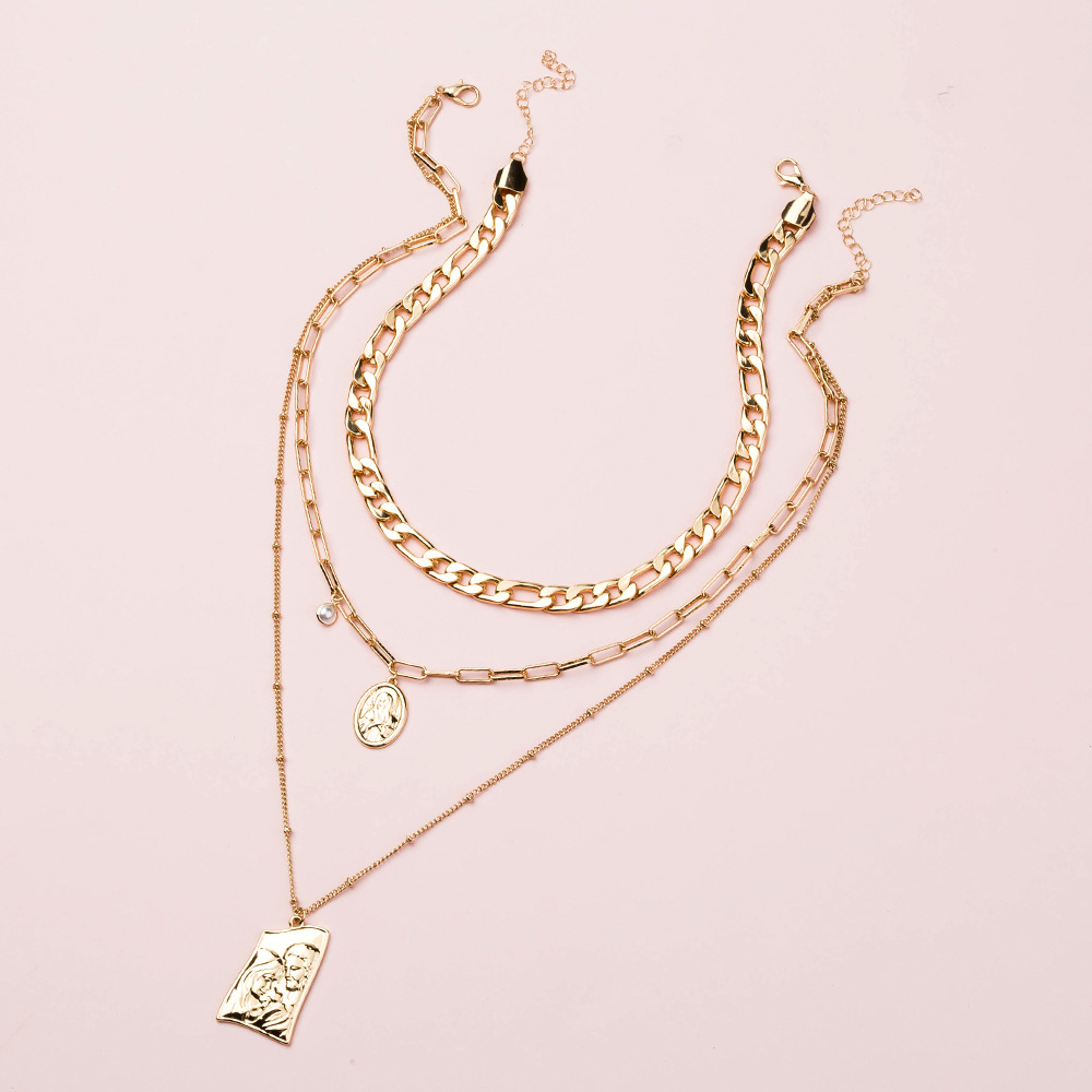 Hip-hop Cuban Chain Multi-layer Necklace With Character Tag_voghion.com