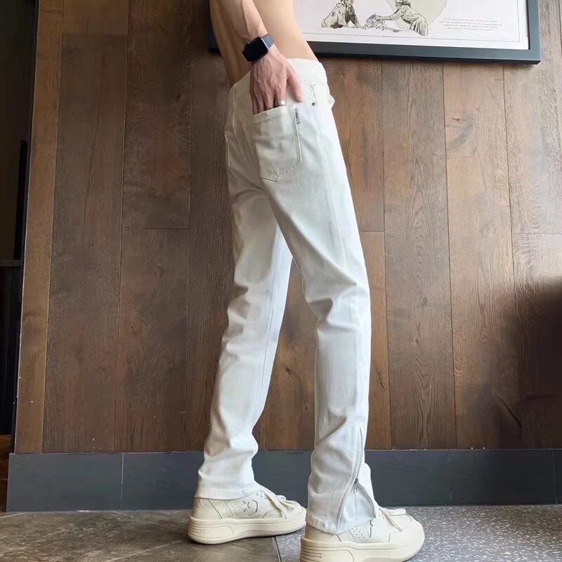 White Slim-fit Jeans Men's Autumn American Style Pants Ruffian Handsome Zipper Split Fork Lift Slightly Straight-leg Pants_mkmklike.com