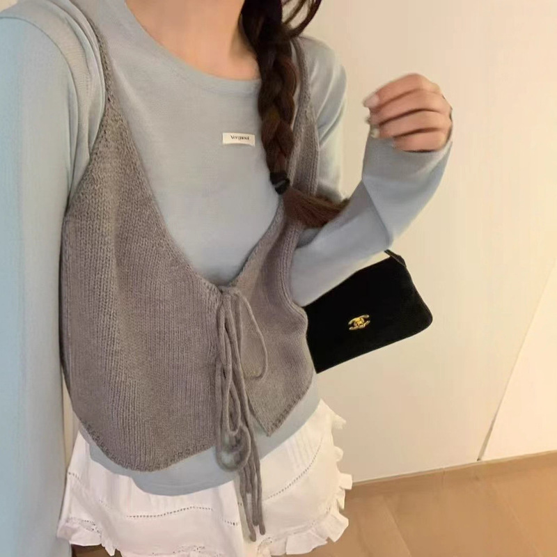 正反两穿绑带针织背心女2025秋季新款休闲吊带韩版甜美风开衫马甲|undefined