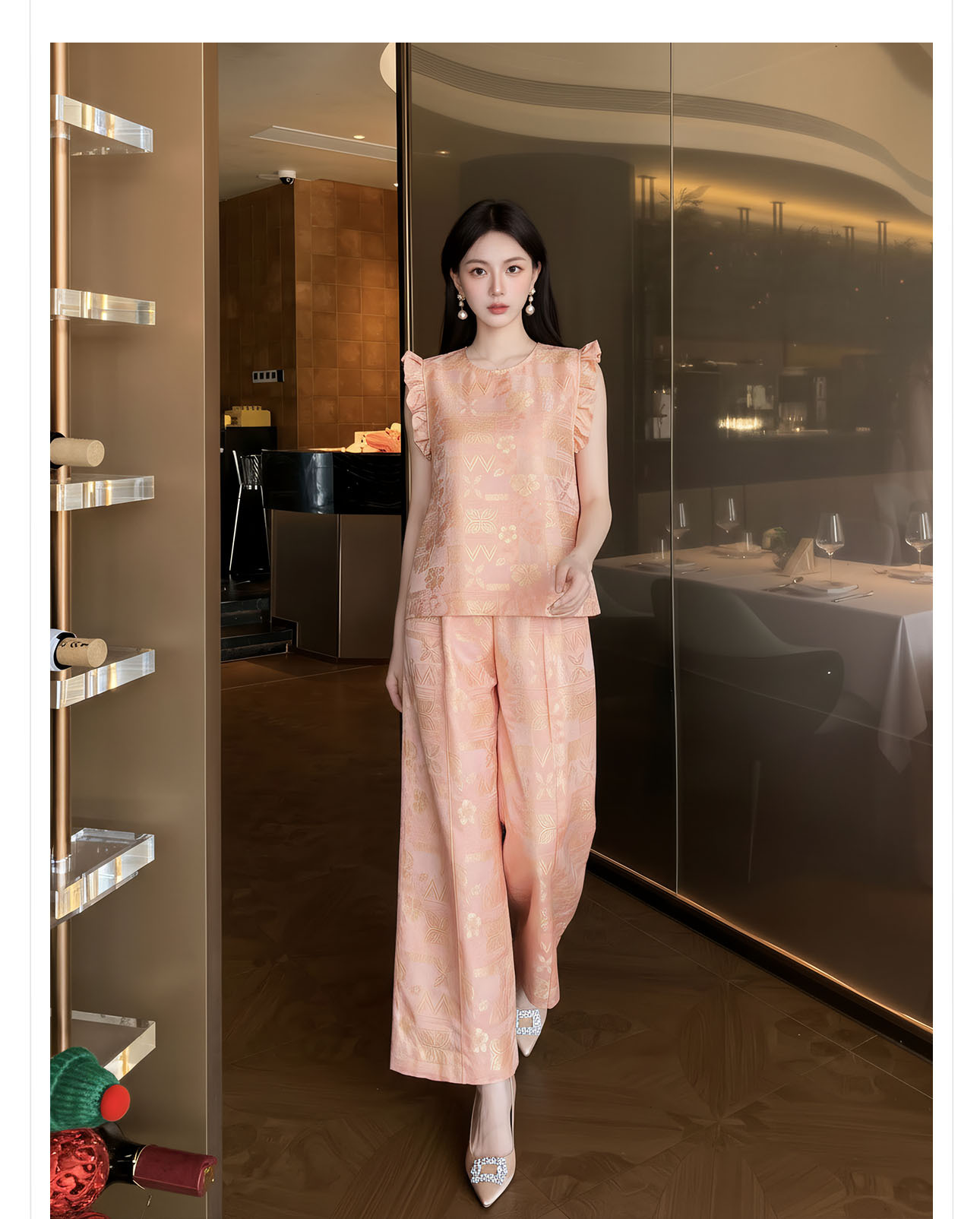 Bộ đồ nữ mùa hè phong cách tân trung hoa áo tay lửng phối quần ống rộng họa tiết jacquard — Trang chủ, bộ đồ, Quần dài chi tiết 10