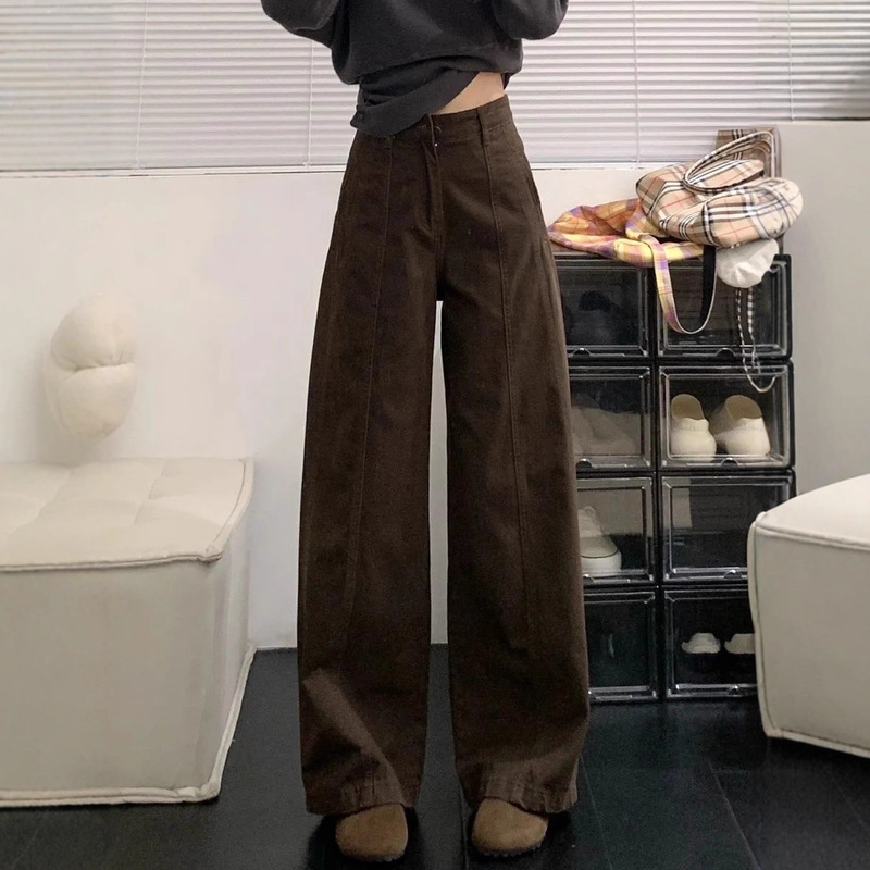 Petite Retro Coffee-Colored High-Waisted Straight-Leg Jeans for Women 150cm Short, Height-Enhancing, Loose-Fitting, Slimming Casual Pants