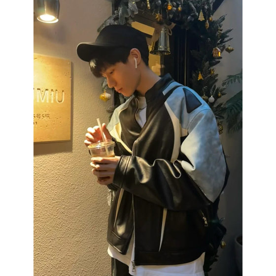 American Style Retro PU Leather Motorcycle Leather Jacket Men's Spring and Autumn hiphop European and American Stitching Color Contrast High-grade Jacket