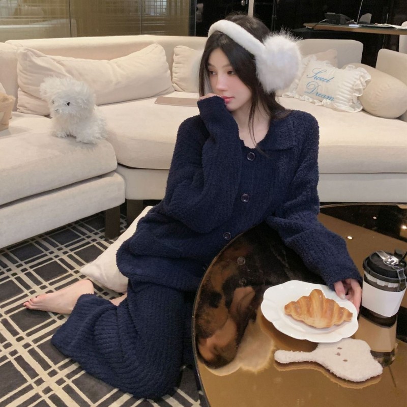 冬季半边绒家居服开衫月子服秋冬加绒保暖家居服简约新款睡衣女|undefined