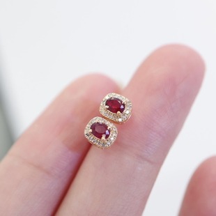 18K Gold Ruby ​​Earrings Finished Oval Ruby ​​Pigeon Blood Red Earrings Main Stone 0.4/Ct Secondary Stone 0.1/Ct
