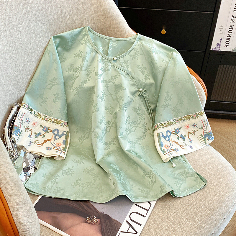 品質保証シルク気質中年女性の新しい中国風の刺繍シャツデザインサテンルーズトップ夏|undefined