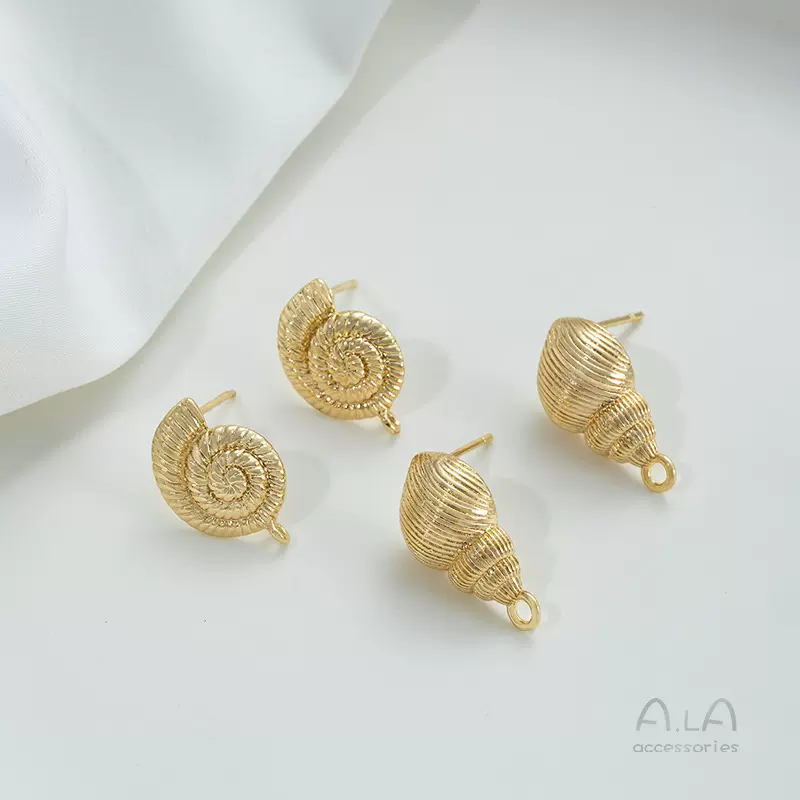 强保色14K包金海洋风海螺耳钉带吊环diy手工挂珍珠手作耳饰品村料