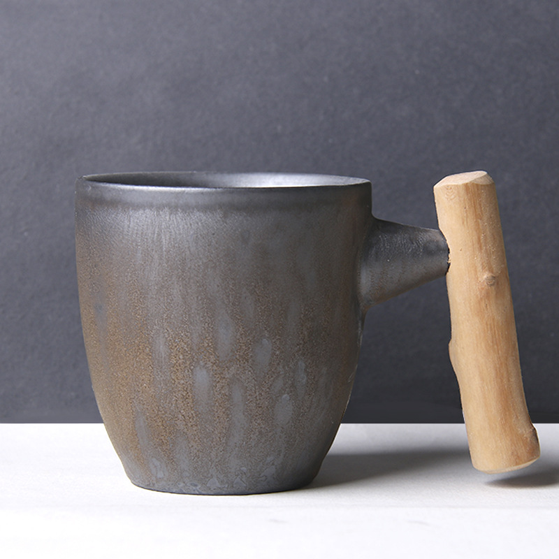 Japanese Retro Ceramic Coffee Mug With Wooden Handle_voghion.com