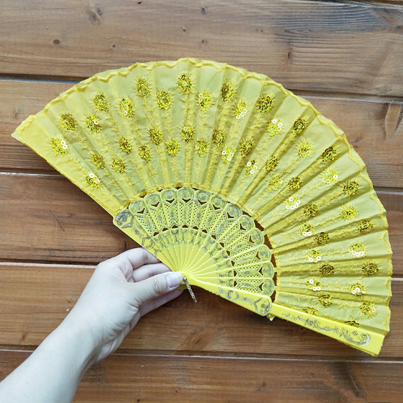 Mayorista barra negra de color sequinilla estampado ventilador plegable accesorios de baile ventilador de baile Wing Chun puede agregar impresión de tela de silk