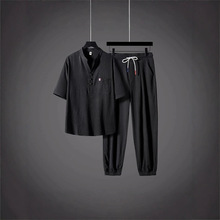 套装冰丝垂感中国风男装薄款t恤男士短袖夏季宽松大码唐装两件套