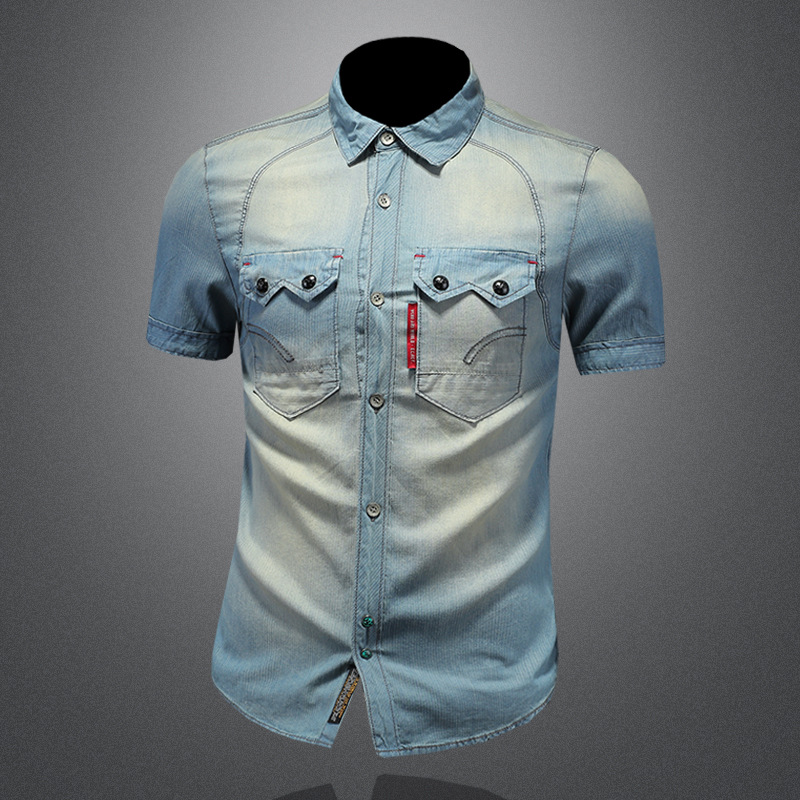 Camicia da uomo in denim lavato vintage, a maniche corte, con colletto risvoltato, stile vintage, per commercio estero europeo e americano, estiva._voghion.com