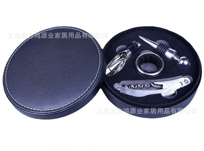 Black-A1 라운드 가죽 상자 와인 병 오프너 세트