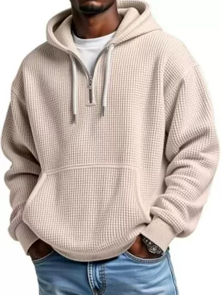 Cross-Border European and American New Heavyweight Trendy Waffle Long-Sleeved Hooded Sweatshirt Men's Solid Color Loose Sports Casual Men's Clothing