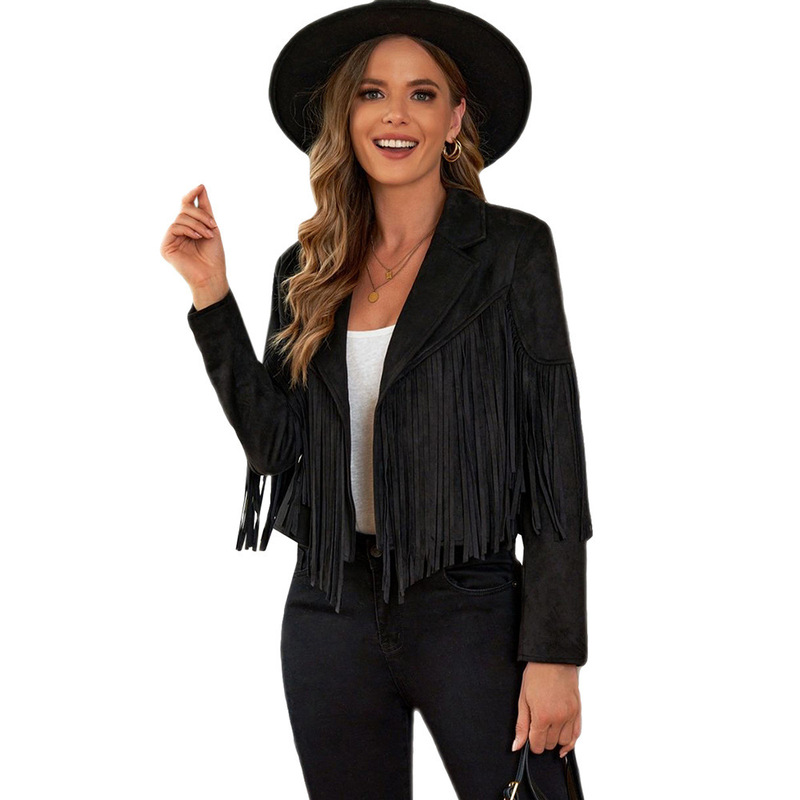 2025 European and American Trendy Outwear Women's Autumn and Winter Short Pure Color Tassel Imitation Suede Jacket Suit Collar 2025 European and American Trendy Outwear Women's Autumn and Winter Short Pure Color Tassel Imitation Suede Jacket Suit Collar