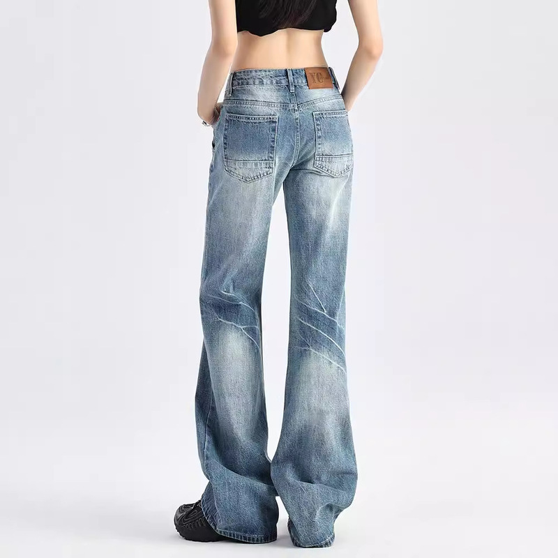 American Style Retro Low Waist Jeans Women's 2024 Spring and Autumn New Arrival Cropped Loose Straight High Street Micro Horn Mop Pants