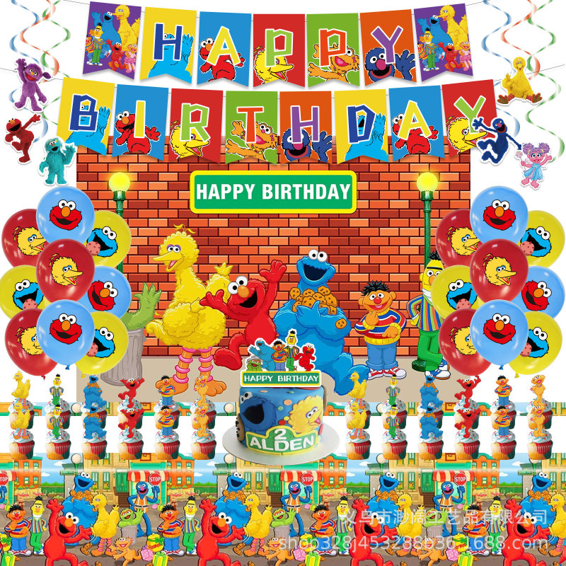 Cross-Border Sesame Street Themed Birthday Party Flag Balloon Spiral Set Cake Topper Tablecloth Background Cloth Decoration Cross-Border Sesame Street Themed Birthday Party Flag Balloon Spiral Set Cake Topper Tablecloth Background Cloth Decoration