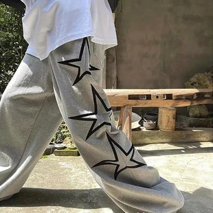 Retro wide-leg pants five-pointed star embroidered American heavy sports pants loose y2g hip hop personality men and women casual pants