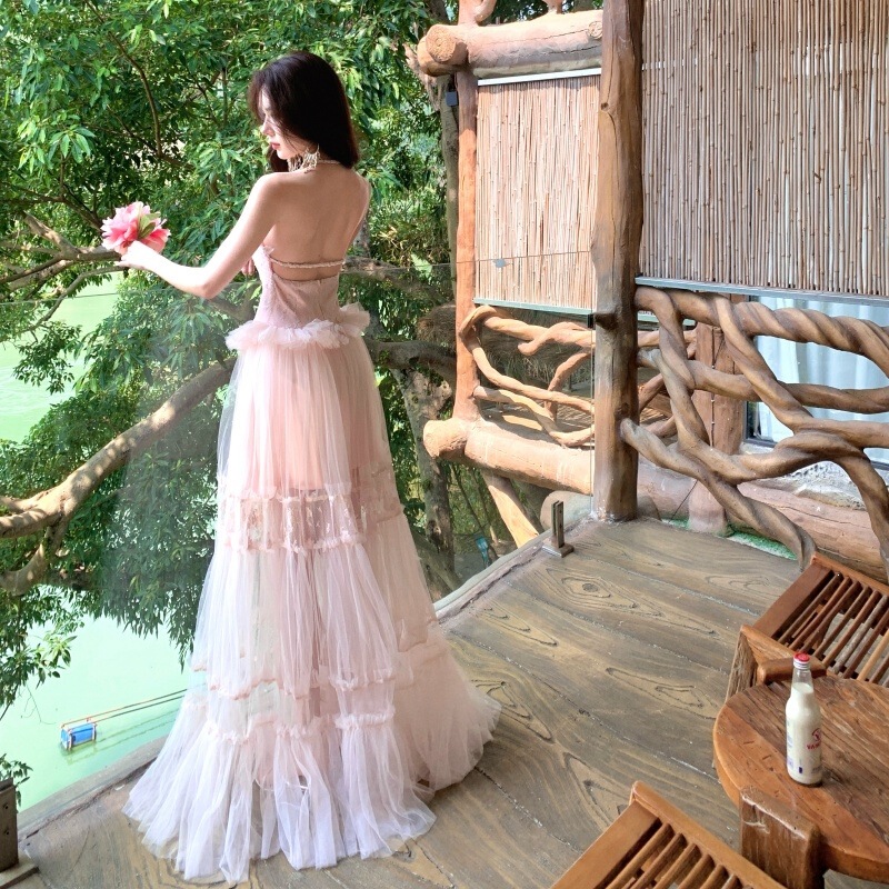 French-Style High-End Lace Jacquard Patchwork Long Halter-Neck Mesh Dress for Women, Beach Vacation Dress, Princess Dress