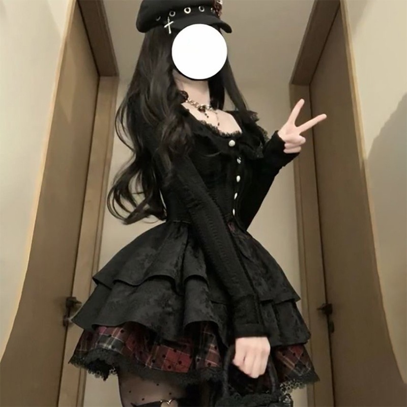 法式复古赫本风黑色裙子女秋两件套修身绝美蓬蓬公主洛丽塔连衣裙