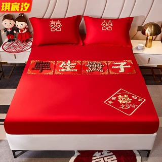 厂家批发婚庆刺绣单品床单床笠三件套单床笠简约大红绣花量大从优