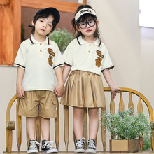 夏季新款2024中小童学院风小熊字母贴标Polo领短袖短裤百褶裙套装