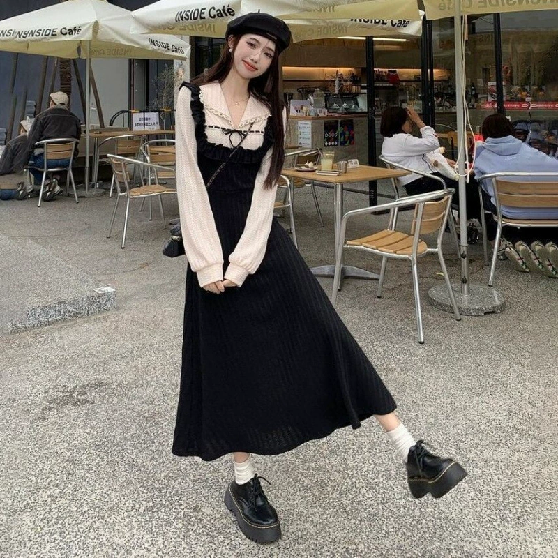 Утягивающее платье больших размеров с длинными рукавами, винтажное облегающее талию во французском стиле, весенне-осеннее маленькое черное платье из двух частей в стиле пэчворк.