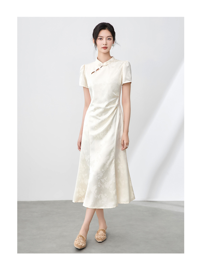 Đầm maxi nữ thắt eo phong cách sườn xám cổ điển, họa tiết phù điêu jacquard phương Đông — Màu xanh lá chi tiết 7