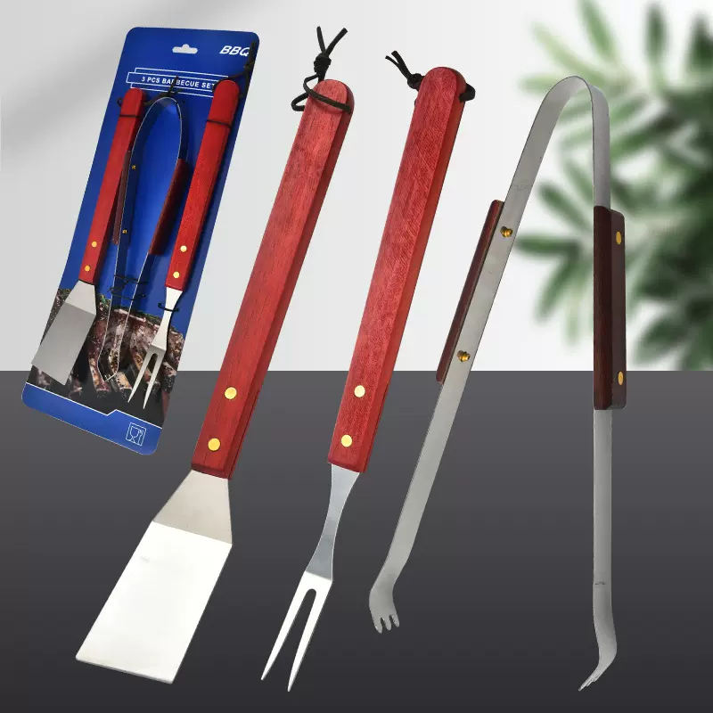 厂家直销 木柄便携烤具3件套 BBQ烧烤工具 烧烤组合配件烤具套装