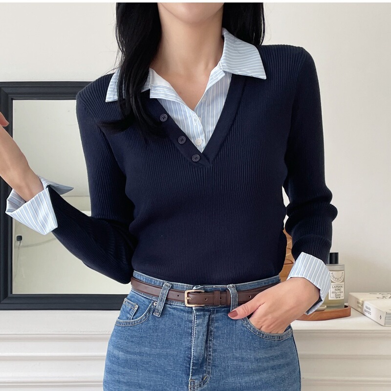 Korean-style versatile color-block striped knit top, a new autumn collection featuring a slimming and elegant design