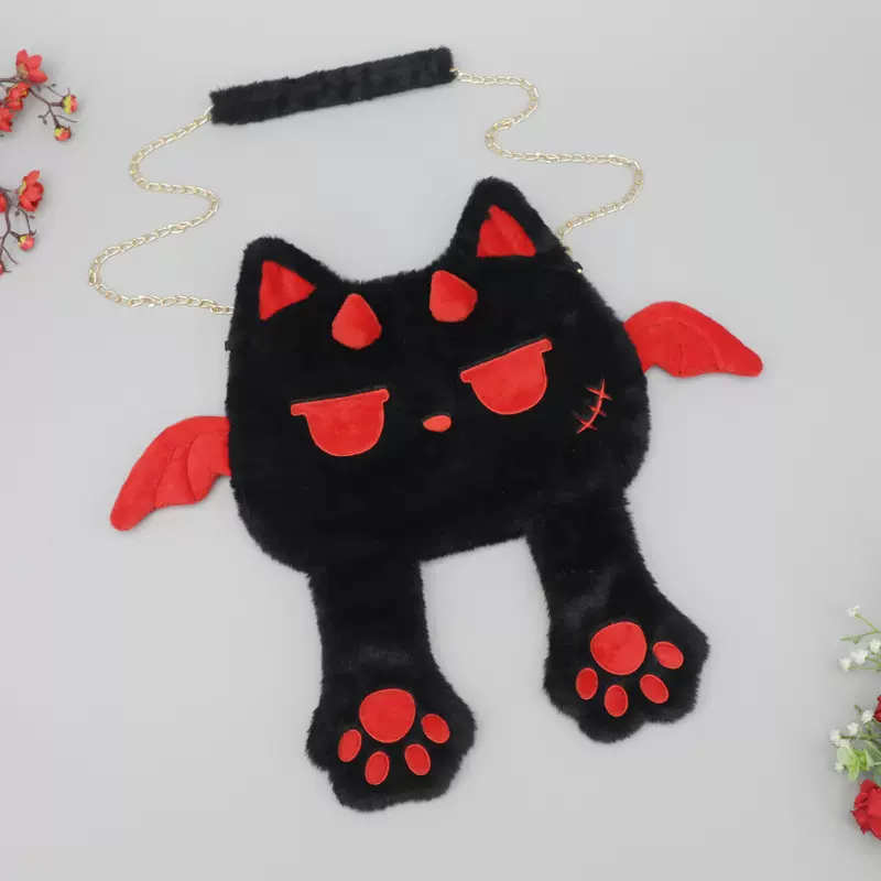 网红毛绒卡通小恶魔猫咪单肩包软萌捂脸猫头包可爱女学生斜挎包